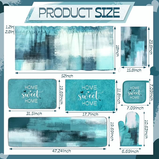 16 Pcs Turquoise Kitchen Decor and Accessories Set 4 Teal Abstract Area Kitchen Towels 2 Non Slip Rugs and Mats 2 Modern Grey Oven Mitts 2 Pot Holders 4 Placemats 2 Curtains for Home Decoration Gift