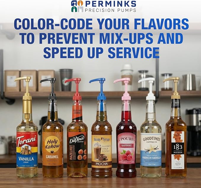 Premium Syrup Pump Compatible w/Torani 750 ml Bottle, Davinci Syrups - No Spill, No Clog Syrup Pump Dispenser for Vanilla, Snow Cone, Coffee Flavoring & More (Pack of 6, Black, White & Gold)