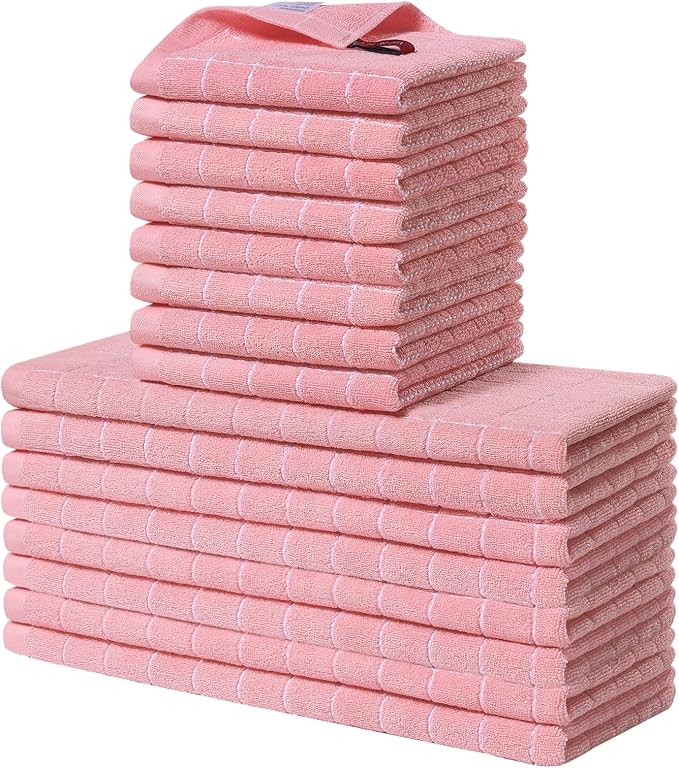 Homaxy Kitchen Towels and Dishcloths Set, Set of 16, Pink | Bulk Cotton Terry Kitchen Towels, Checkered Designed, Soft and Super Absorbent Dish Towels, 12 x 12 and 13 x 28 Inches