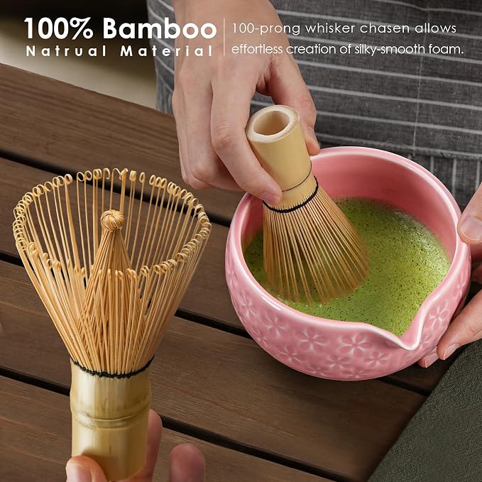 7Pcs Matcha Whisk Set, Matcha Set Whisk and Bowl,Bamboo Scoop, Scoop Rest, Sifter and Tea Towel, Matcha Kit W/Carved Cherry Blossm Pattern for Matcha Lovers (Sakura Pink) | Bamboo Scoop, Scoop Rest, Sifter and Tea Towel, Matcha Kit W/Carved Cherry Blos...