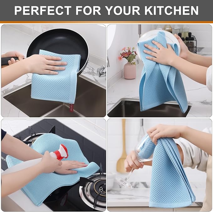 Kitinjoy 100% Cotton Waffle 12-Pack Kitchen Towels, 13" x 28", Sky Blue | Super Soft, Ultra-Absorbent, Fast Drying, lightweight, Quick Drying Kitchen Hand Towels