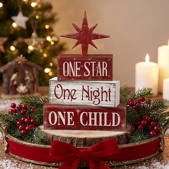 Lineshading 4 Pcs Christmas Nativity Table Decor, Bethlehem Star Wood Sign | Red Rustic Christmas Tiered Tray Decor, Nativity Wood Stacked Sign, Tray Kitchen Shelf Home Decor, Holiday Centerpiece