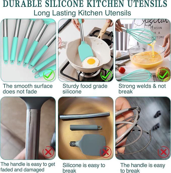 Silicone Cooking Utensil Set, Umite Chef 15pcs Silicone Cooking Kitchen Utensils Set, Non-stick - Best Kitchen Cookware with Stainless Steel Handle - Green