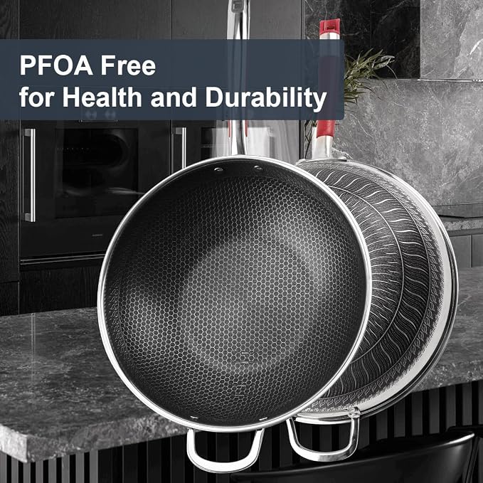 ITSMILLERS Tri-ply Stainless Steel Wok with Lid, 13.5'' PFOA Free Nonstick Stir Fry Pan, Induction Compatible, Dishwasher and Oven Safe, Scratch-resistant Surface