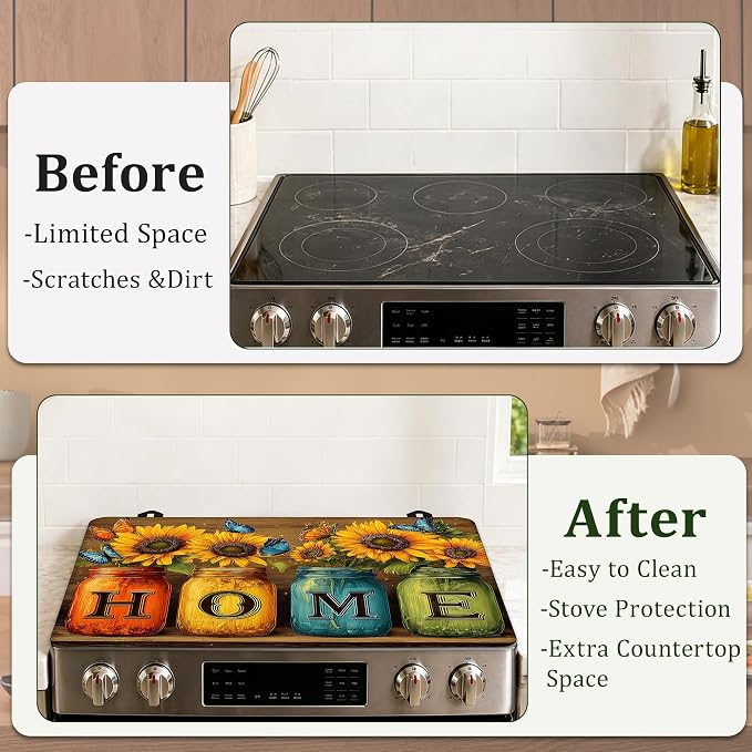 Stove Top Cover Sunflower Mason Jar 28.5x20.5Inch for Electric Stove,Heat Resistant Silicone Cooktop Protector,Glass Stove Cover Mat, Anti Scratch Countertop Protector