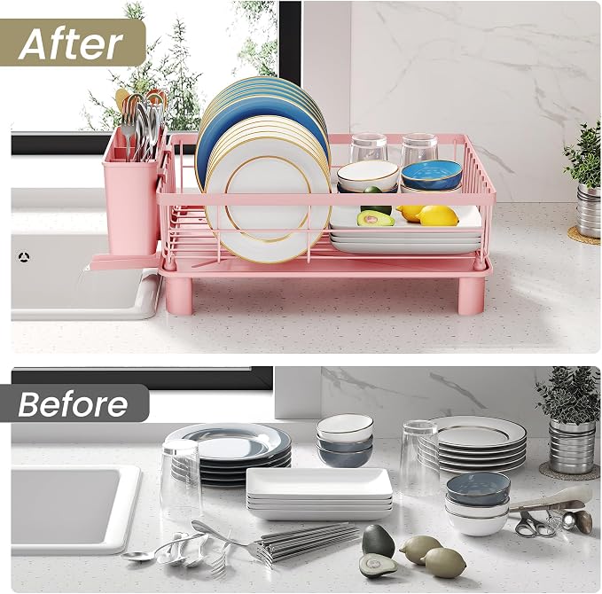SNTD Dish Drying Rack for Small Kitchen Counter, 11" W x 15" L, Pink | Space Saving, Rotating Spout & Angled Drainboard for Quick Drainage, Stainless Steel, Removable Utensil Holder