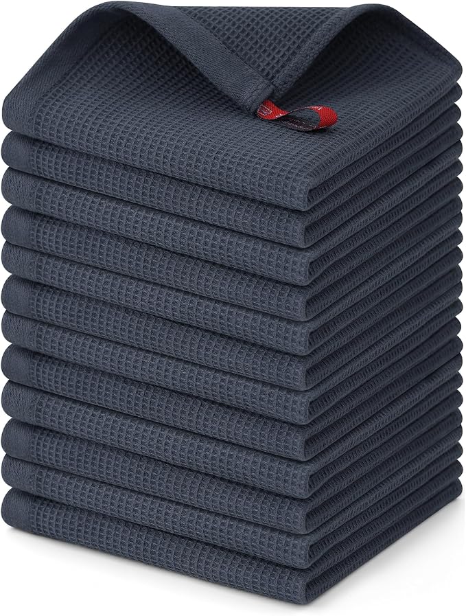 Homaxy 100% Cotton Waffle Weave Dish Cloths, 12 Pack, Dark Grey | Soft and Absorbent Dish Towels, 12 x 12 Inches Quick Dry Dish Rags