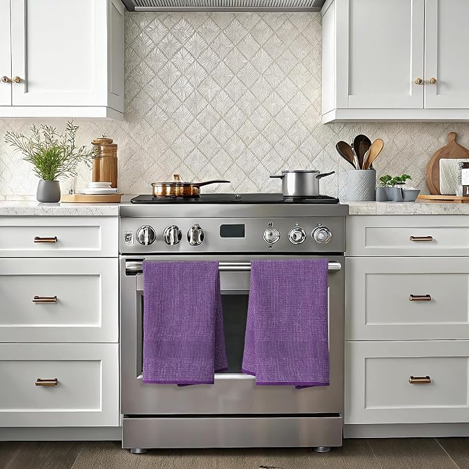 Mordimy Premium Large Cotton Kitchen Towels (18"x 28", 3 Pack), Purple | 100% Ring Spun Cotton, Super Absorbent, 380 GSM, Flat & Terry, Soft, Hanging Loop Dish Towels