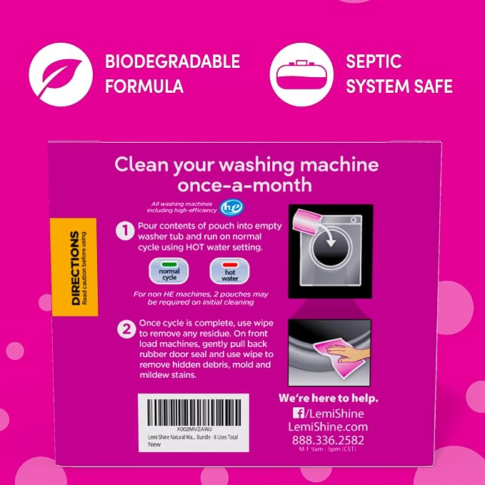 Lemi Shine Washing Machine Cleaner - Hard Water Citric Acid Cleaning Powder - Includes Machine Cleaning Wipes - 16.88 oz (24 Pack)