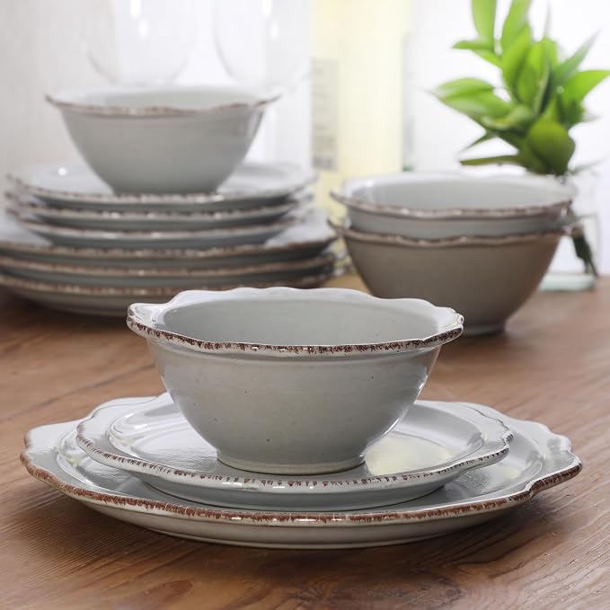 Gibson Elite Kennon Road Plates and Bowls Set, 12-Piece Dinnerware Set, White Scalloped Stoneware Dishes, Dinner Plates, Salad Plates & Cereal Bowls, Reactive Glaze