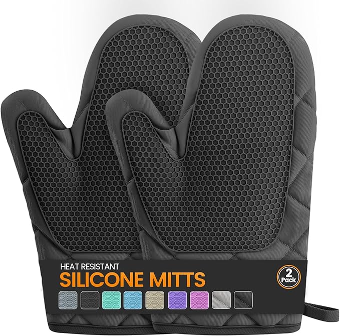 Silicone Oven Mitts, Heat Resistant 2PCS Oven Mitts with Soft Cotton Lining, Waterproof Non-Slip Grip Oven Glove, Kitchen Potholder Mits for BBQ, Baking, Cooking, 10.5Inch - Dark Black