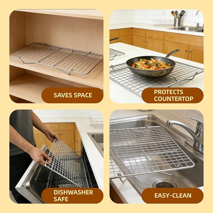 Cooling Rack 16"x10", 4-Tier Stackable & Collapsible Cooling Racks | Cooling Racks for Cooking and Baking, Roasting, Grilling, Oven & Dishwasher Safe (Silver, 4-Tier)