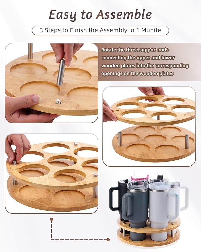 2Pack Rotating Wood Tumbler Organizer, 30 oz 40 oz Spinning Turnable Tumblers Holder, 360° Rotatable 7 Large Cups Bottle Tumbler Storage Display Stand, Rotate Syrup Organizer for Cabinet Countertop