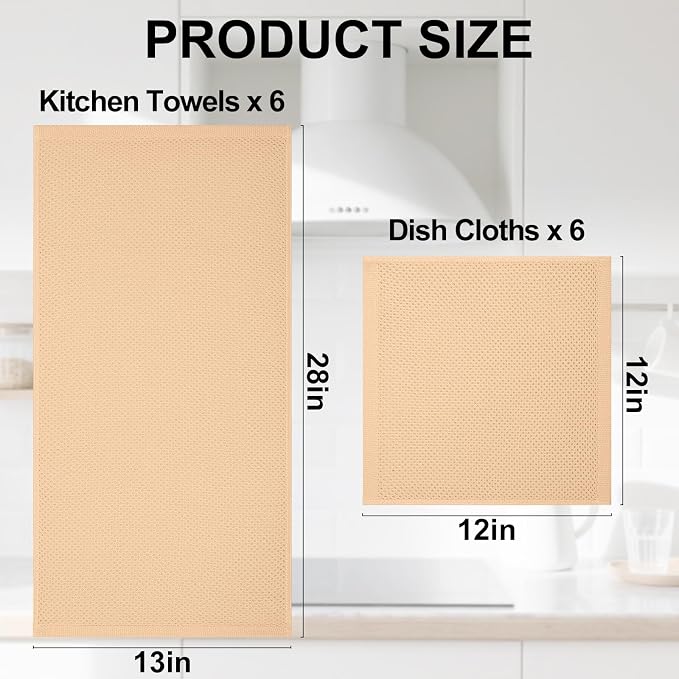 Homaxy 12 Pack 100% Cotton Kitchen Towels and Dishcloths Set, Apricot | 12 x 12 Inches and 13 x 28 Inches Kitchen Towels Set, Ultra Soft Absorbent Dish Cloths for Washing Dishes