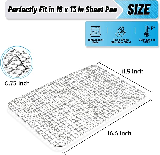 TeamFar Cooling Rack, 16.5”x11.5” Stainless Steel Baking Grid Wire Rack | Roasting Grilling Cooking Racks for Cookie Cake Bread, Fit Sheet Pan for Christmas Anniversary Party, Dishwasher Safe- 2PCS