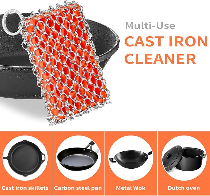 Herda 316L Cast Iron Scrubber Cleaner, Large Cast Iron Chain Mail Scrubber - Chainmail Scrubber Sponge - Metal Skillet Scrubbing, Wok, Dutch Oven Cleaning Kit-Detachable