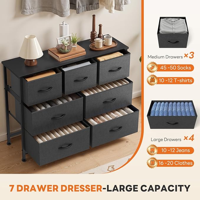 Sweetcrispy 7 Drawer Dresser for Bedroom Storage with Fabric Bins, Gray | Anti-Tip Closet Organizer, Wooden Top and Sturdy Steel Frame, Spacious Drawers for Clothes Storage, Hallway Entryway