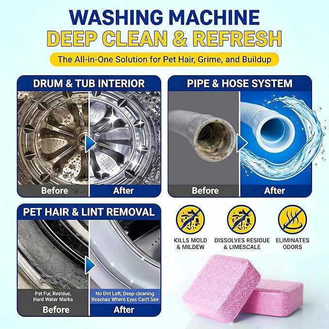 Washing Machine Cleaner,Formulated for Pet Owners,Pink 30 Pack | 1+Year Supply,Compatible with HE, Top & Front Load Washer,Septic Safe,Fresh Scent,Removes Residue,Remove Stubborn Pet Hair