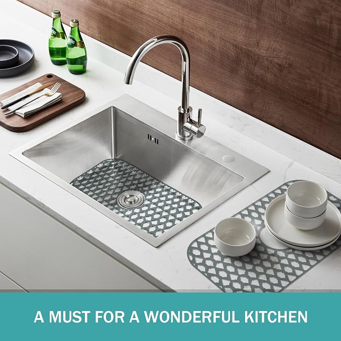 Silicone Kitchen Sink Protectors Mats - 12" 13" 14" 16" 18" 19" 21" 22" 24" 25" 26" 28" 30", Heat Resistant, Machine-wash (24”x13”, Center Drain)