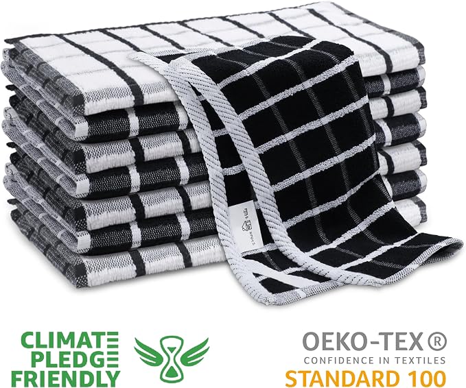 Urban Villa Kitchen Towels Cotton Dish Towels 12”x12” (Set of 6) Black White