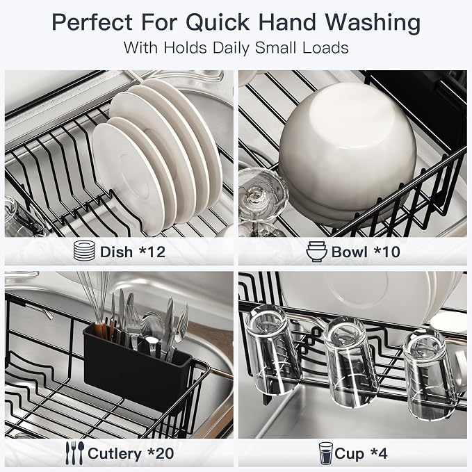 Dish Drying Rack Over The Sink with Utensil Holder, Mat | Expandable Stainless Steel Dish Drainer for Small Kitchen, Apartment, RV, Counter Space Saving, Perfect Fit, Rustproof