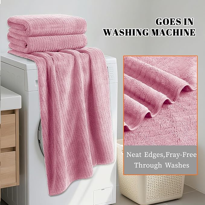 4 Pack Bath Towels Set 35 x 70in Extra Large, Ultra Soft Microfiber | Luxury Thick High Absorbent and Quick Dry Bath Sheet for Bathroom, Beach, Yoga, Sport,SPA, Fitness, Pink