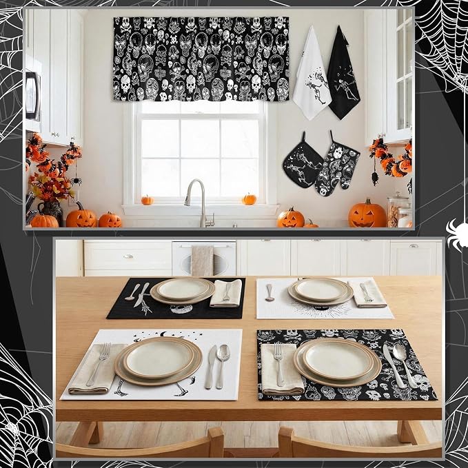 Fourluoo 16 Pcs Black Halloween Kitchen Decor Set Skeleton Towels Rugs | Dishcloths Pot Holders, Non Slip Floor Mats, Heat Resistant Mitts, Scary Curtains, Spooky Gothic Home Decor Accessories