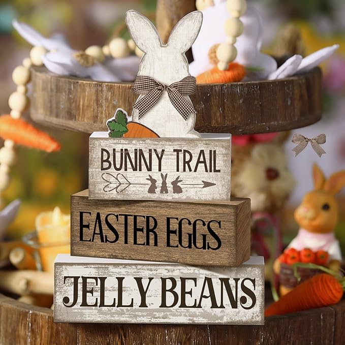 Lineshading 4 Pcs Wooden Easter Rabbit Block Signs Farmhouse Tiered Tray | Rustic Tabletop Signs for Tiered Tray, School Beach Theme Decor, Christmas Farmhouse Gift, Travel Wood Shelf Display