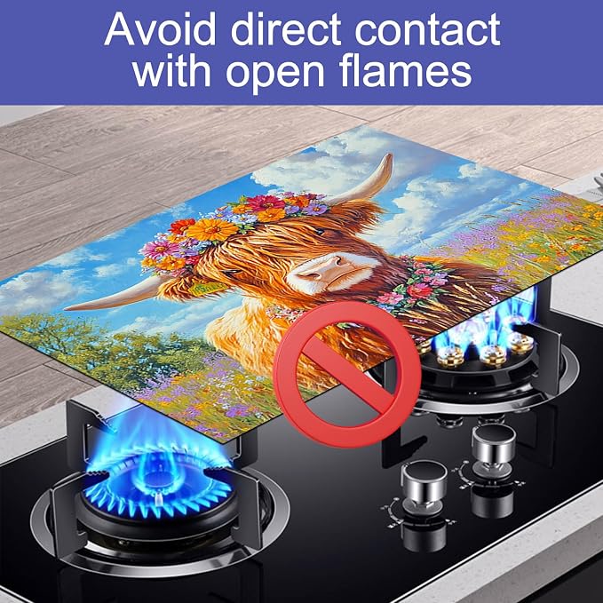 HOMETITUTE Highland Cow Stove Top Cover 28x20 Floral Field Diatomite Mat