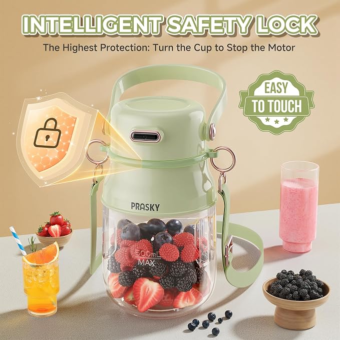 Portable Blender, Prasky Personal Blenders for Shakes and Smoothies with 27oz Cup, Lid and Shoulder Strap, Type-C USB Rechargeable, Personal Size Blenders BPA-free for Travel/Kitchen (Light Green）