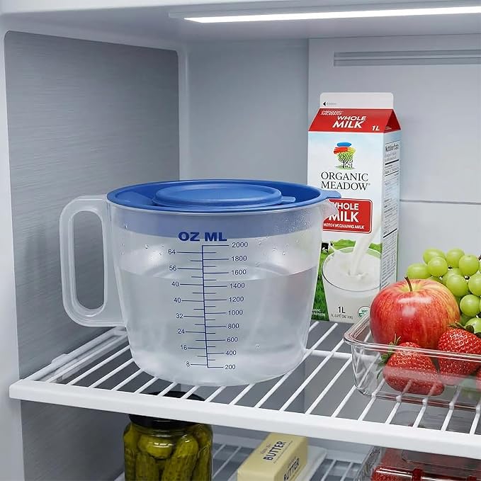 8 Cup Measuring Cup with Splash Guard Lid, BPA-Free Plastic Mixing Bowl for Baking, Pancakes & Meal Prep, Clear Accurate Measurement Marks