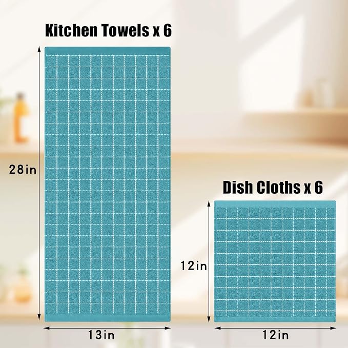 Homaxy Kitchen Towels and Dishcloths Set, Set of 16, Lake Blue | Bulk Cotton Terry Kitchen Towels, Checkered Designed, Soft and Super Absorbent Dish Towels, 12 x 12 and 13 x 28 Inches