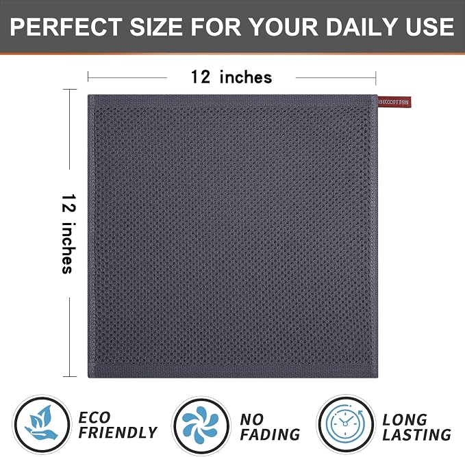 Kitinjoy 100% Cotton Waffle 12-Pack Kitchen Towels, 12" x 12", Dark Grey | Ultra Absorbent, Super Soft, lightweight, Quick Drying Dish Rags for Washing Dishes