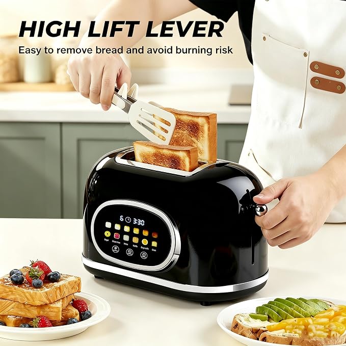 Roter Mond Smart 2 Slice Toaster, Touchscreen, Bagel Defrost, Retro Black | Retro stainless steel, digital timer & sleep mode, 6 bread types & shades, defrost/reheat/cancel,even toasting wide slots