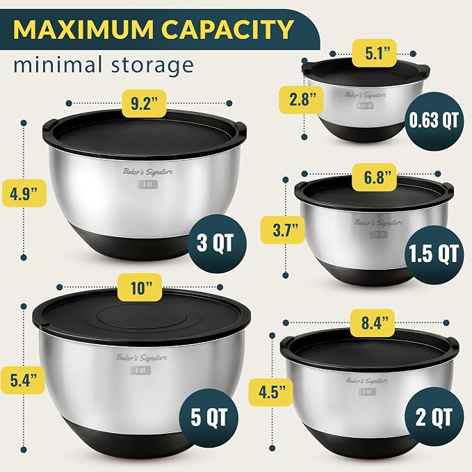 Stainless Steel Mixing Bowls with Lids Set of 5, 3 Graters, Black | Nesting Design with Airtight Covers & Non-Slip Base – Mirror Finish for Food Prep, Storage, Baking & Serving
