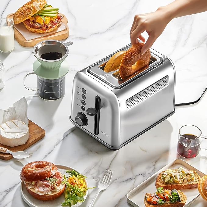 BUYDEEM DT620 2-Slice Toaster, 7 Shade Settings, Extra Wide 1.5'' Slots for Bagel & English Muffin, 6 Toasting Functions, Retro Stainless Steel Toaster with High Lift Lever, Silver