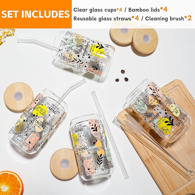 DWTS DANWEITESI Glass Cups with Lids and Straws with Design 4 pcs（Daily Reminder）,Clear Glass Cups 16 oz-Glass Tumbler,Cute Design Glass Iced Coffee Cups Mental Health Positive 480ml