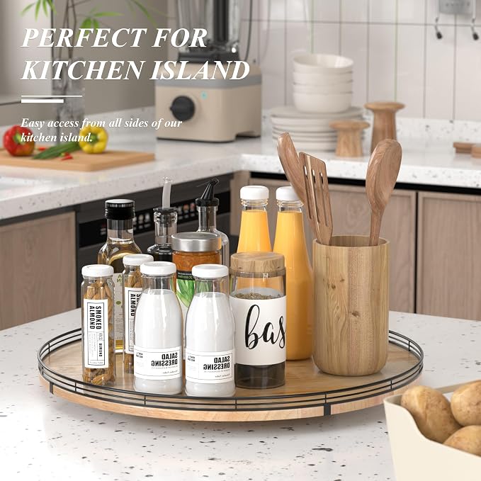 AMH 24-Inch Extra Large Farmhouse Oak Lazy Susan Organizer | Smooth rotating oak tray with walnut finish for dining tables, kitchen counters, pantries and cabinet storage.