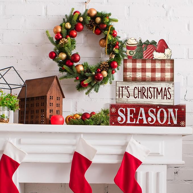 Lineshading 4 Pcs Christmas Table Decoration Wooden Hot Cocoa Santa Hat | Buffalo Plaid Stacked Design, Rustic Tabletop Signs for Mantel Shelf, Season Theme Wooden Blocks, Farmhouse Holiday Gift