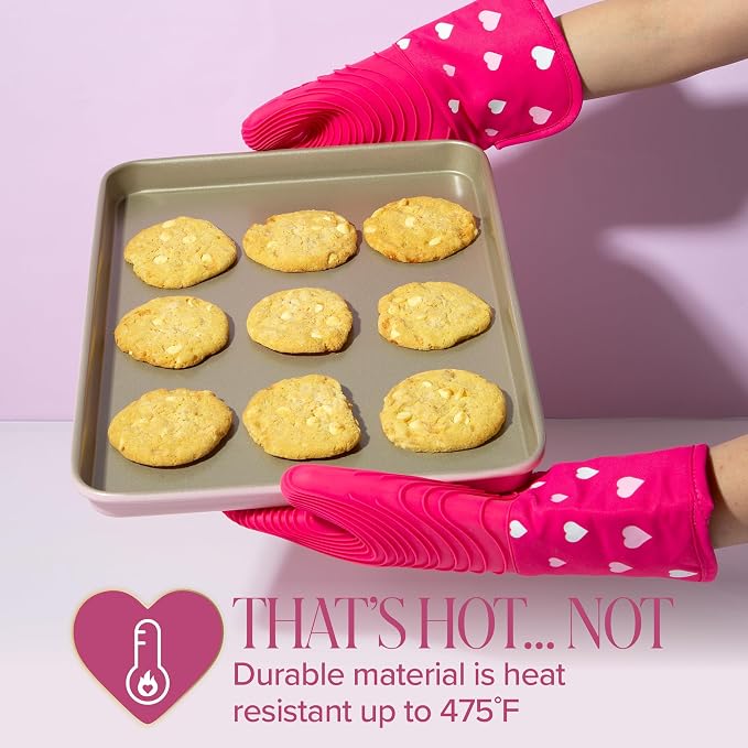 Paris Hilton Oven Mitt Set with Heart Design, Heat Resistant Pot Holders Featuring Non-Slip Textured Silicone Grips, 2-Piece Set, Pink