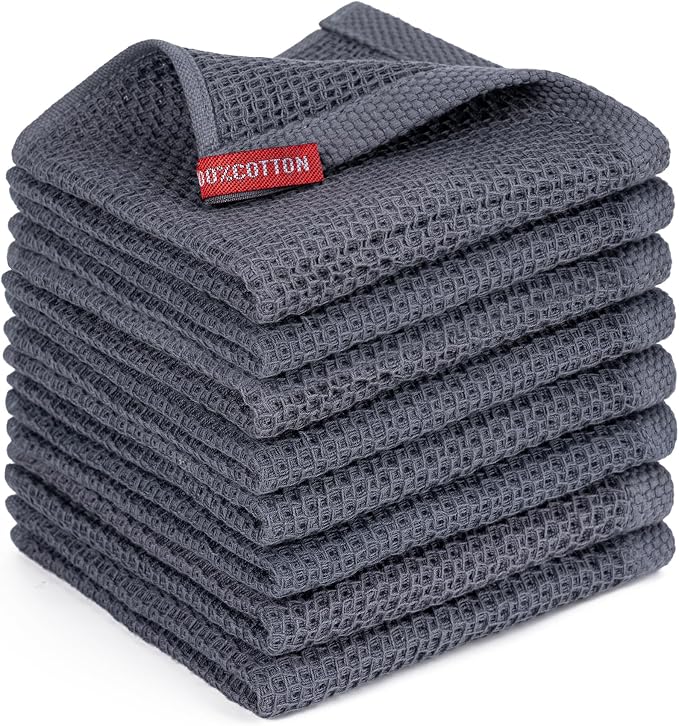 Kitchen Towels 8-Pack Kitchen Dish Cloths,100% Cotton,12x12 In,Dark Grey | Towels Waffle Weave,Ultra Soft Absorbent, Quick Drying