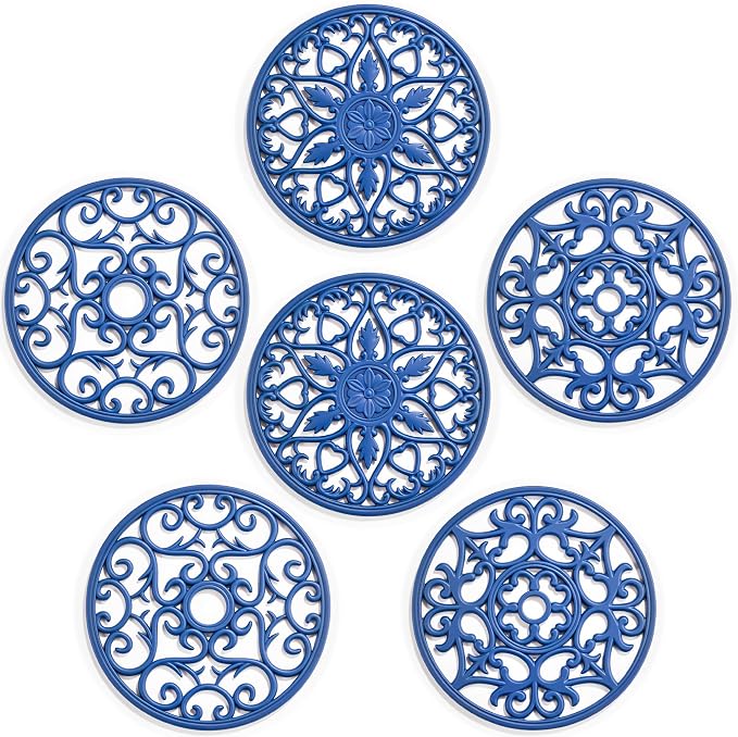 SMARTAKE 6 Set Silicone Trivet Mats for Hot Dishes Pots Pans (Navy Blue) | Heat Resistant Pots and Pans Holders, Non-Slip Flexible Pads Coasters for Countertops Table, Modern Kitchen Decor Accessories