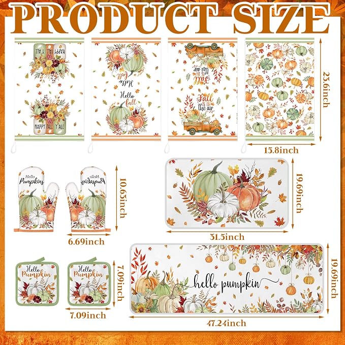 Fanfanwin 10 Pcs Fall Kitchen Decor and Accessories Set Pumpkin Kitchen Towels Maple Leaves Pot Holders Oven Mitts and Rugs Set for Home Decorations Cooking Baking Housewarming Gifts