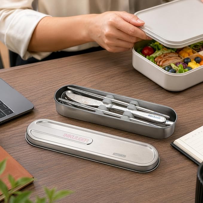 iNKULEER 100% Pure Titanium Travel Cutlery Set | Reusable Utensils with Metal Case | Portable Silverware for Camping, Office, Travel & Outdoor Dining