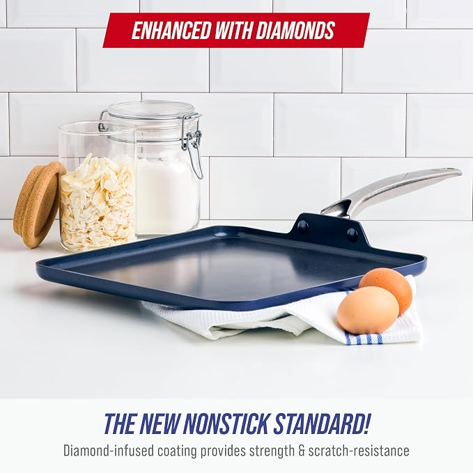 Blue Diamond 11" Diamond Infused Ceramic Nonstick Square Griddle Pan, Blue | PFAS-Free Ceramic Nonstick, Dishwasher & Oven Safe, Stay Cool Handle, Durable Metal Utensil Safe, Pancake Pan