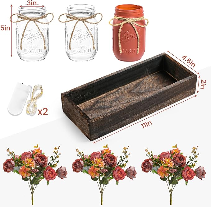 3 Pcs Mason Jar Centerpiece Table Decorations for Dining Table Decor Farmhouse Coffee Table Decor with Wood Tray and Led Light Table Centerpieces for Dining room Kitchen Living Bathroom,Orange | Rustic Farmhouse Decor for Home Décor Accents Kitchen Cou...