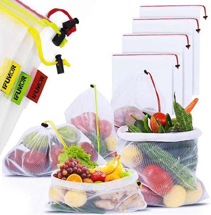 15-Pack Reusable Produce Bags Heavy Duty, Washable Mesh, Drawstring, Eco-Friendly