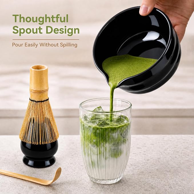 Matcha Whisk Set with Modern Black Ceramic Bowl - Japanese Tea Ceremony Essentials, Includes Bamboo Whisk (Chasen), Holder, Matcha Powder Sifter, Scoop, Complete Preparation Kit