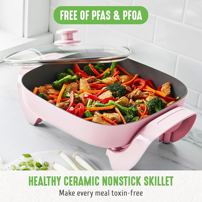 GreenLife 12" 5QT Electric Skillet, Pink | PFAS-Free Ceramic Nonstick Coated Interior, Glass Vented Lid, Temperature Control, Dishwasher Safe, Pancakes, Eggs, Bacon