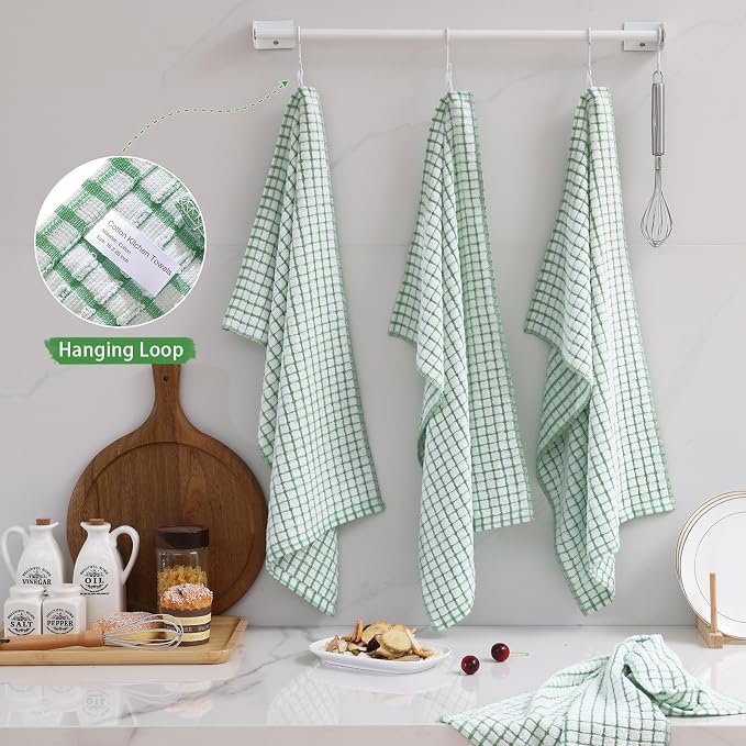 Mordimy Premium Cotton Kitchen Towels 16"x 25", Green Check Design, 8 Pack | Super Absorbent Terry Kitchen Hand Towels, Large Natural Ring Spun 360 GSM Dish Towels, Soft Tea Towels with Hanging Loop